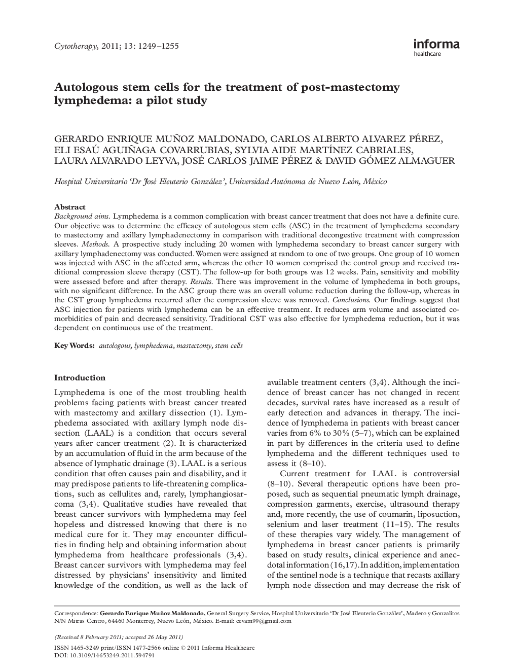 Autologous stem cells for the treatment of post-mastectomy lymphedema: a pilot study