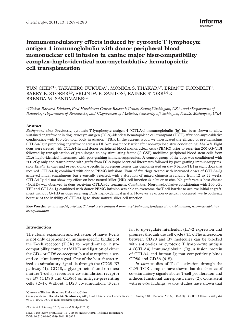 Immunomodulatory effects induced by cytotoxic T lymphocyte antigen 4 immunoglobulin with donor peripheral blood mononuclear cell infusion in canine major histocompatibility complex–haplo-identical non-myeloablative hematopoietic cell transplantation