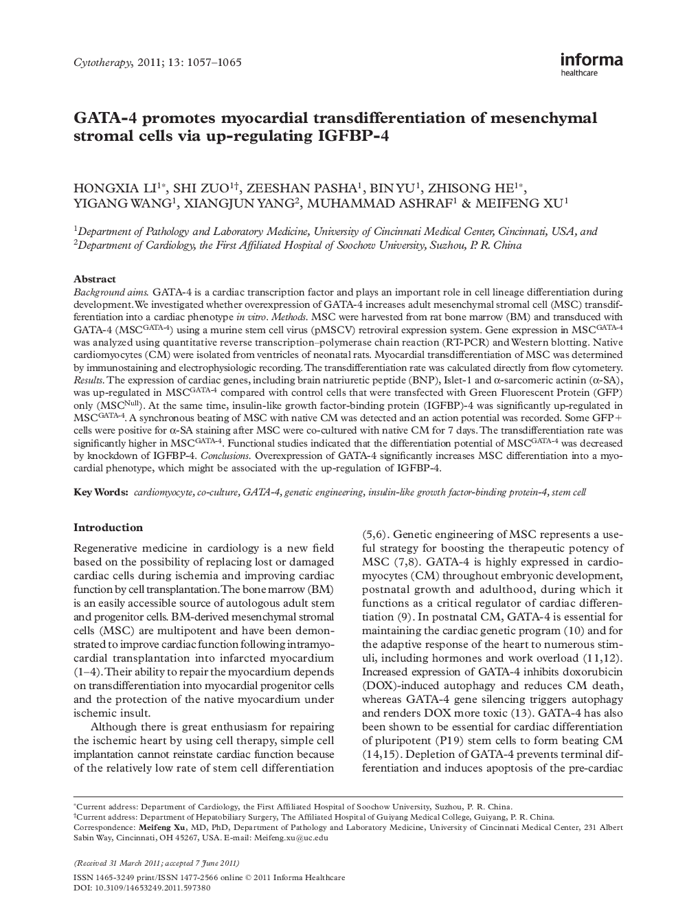 GATA-4 promotes myocardial transdifferentiation of mesenchymal stromal cells via up-regulating IGFBP-4