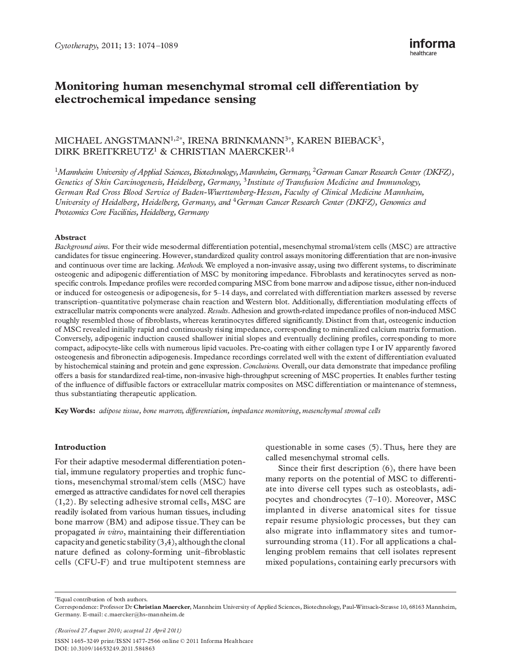 Monitoring human mesenchymal stromal cell differentiation by electrochemical impedance sensing