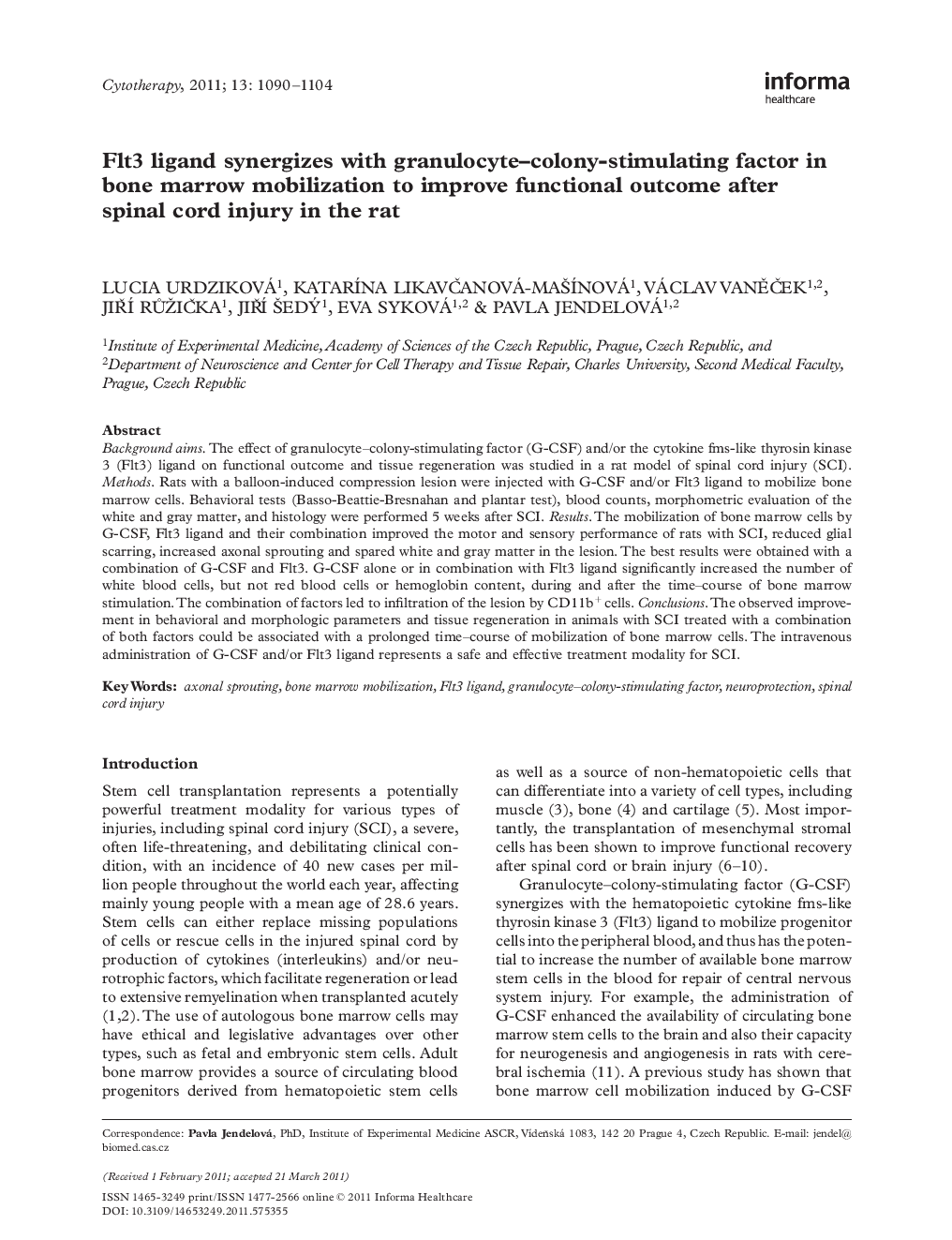 Flt3 ligand synergizes with granulocyte-colony-stimulating factor in bone marrow mobilization to improve functional outcome after spinal cord injury in the rat