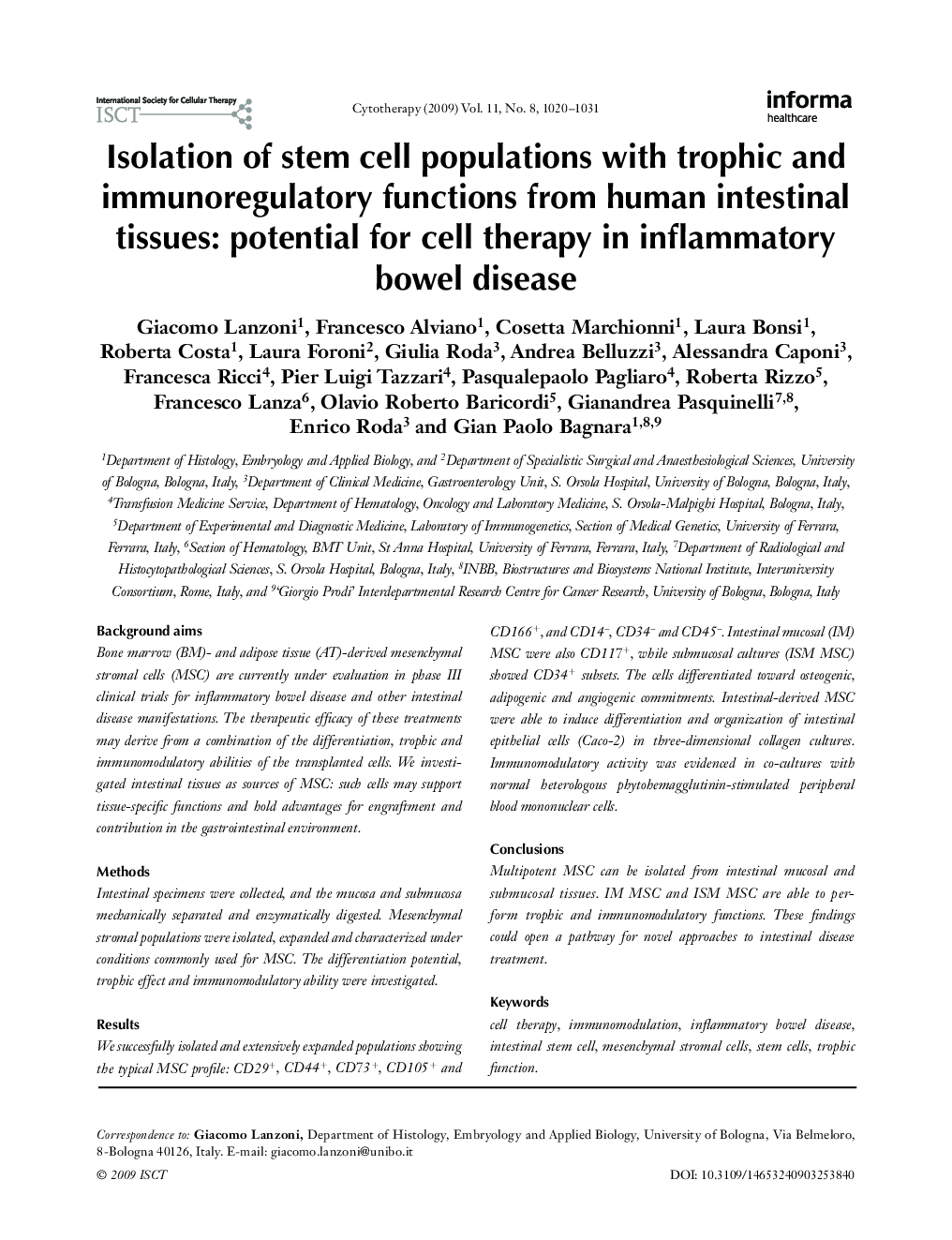 Isolation of stem cell populations with trophic and immunoregulatory functions from human intestinal tissues: potential for cell therapy in inflammatory bowel disease