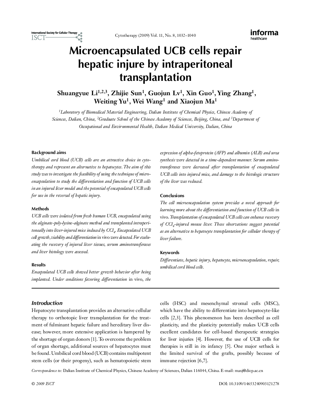 Microencapsulated UCB cells repair hepatic injure by intraperitoneal transplantation