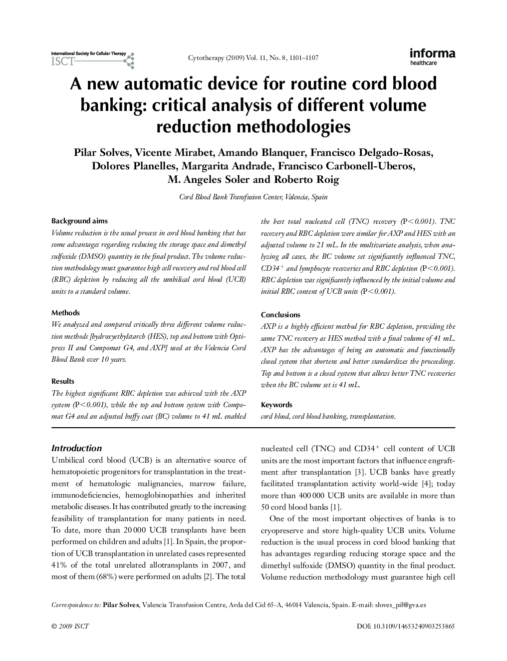 A new automatic device for routine cord blood banking: critical analysis of different volume reduction methodologies