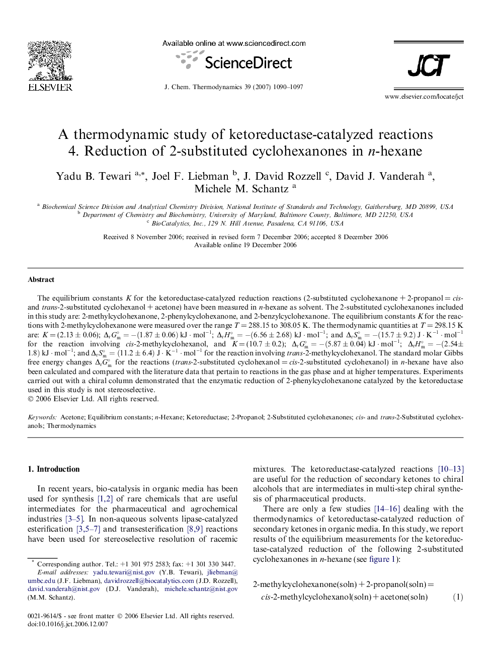 A thermodynamic study of ketoreductase-catalyzed reactions 4. Reduction of 2-substituted cyclohexanones in n-hexane