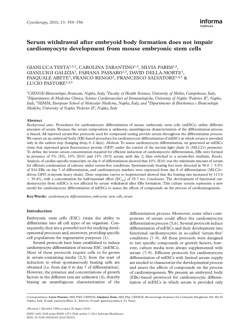 Serum withdrawal after embryoid body formation does not impair cardiomyocyte development from mouse embryonic stem cells