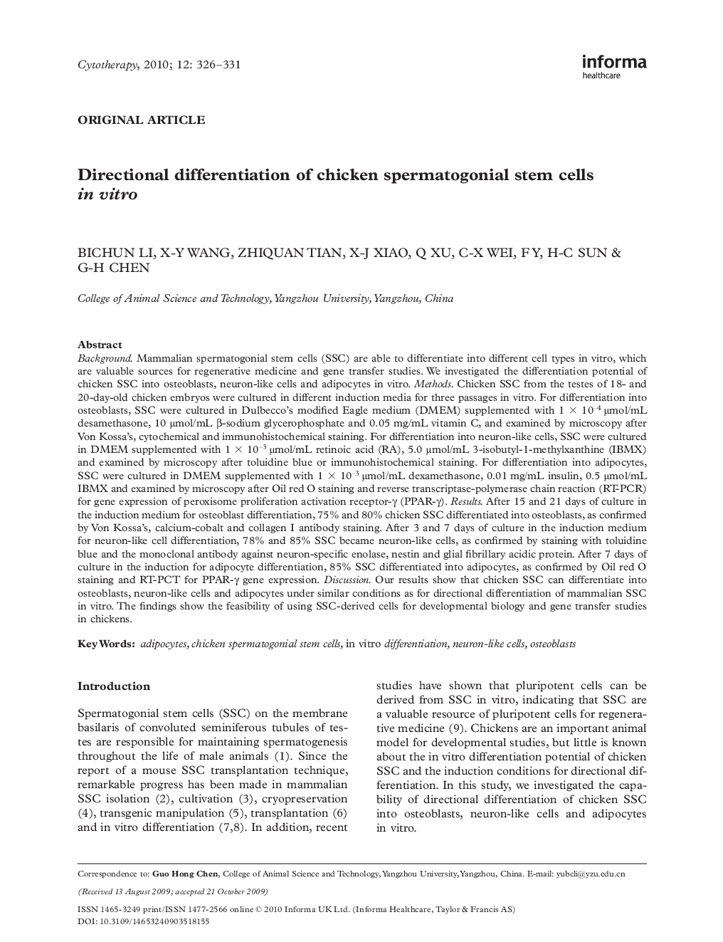 Directional differentiation of chicken spermatogonial stem cells in vitro