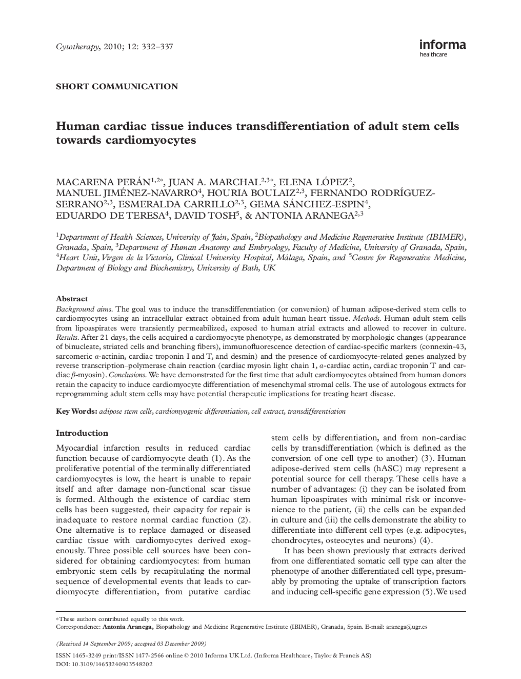 Human cardiac tissue induces transdifferentiation of adult stem cells towards cardiomyocytes