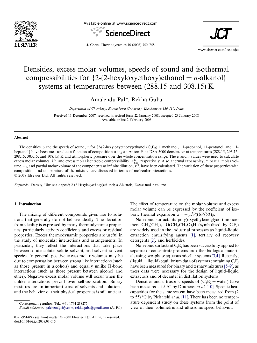 Densities, excess molar volumes, speeds of sound and isothermal compressibilities for {2-(2-hexyloxyethoxy)ethanol + n-alkanol} systems at temperatures between (288.15 and 308.15) K