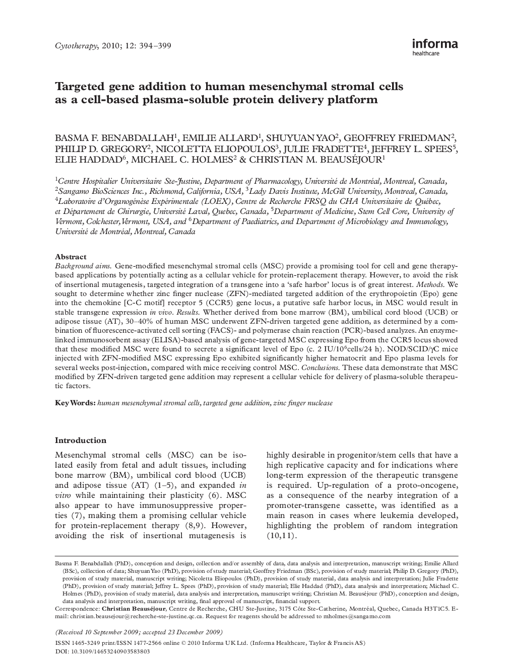 Targeted gene addition to human mesenchymal stromal cells as a cell-based plasma-soluble protein delivery platform