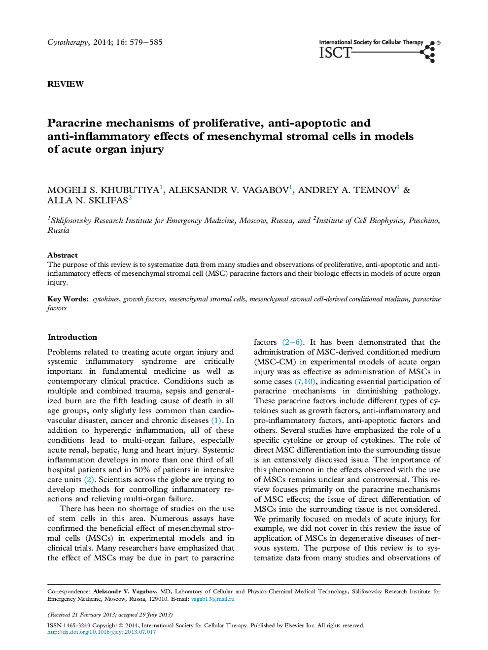 Paracrine mechanisms of proliferative, anti-apoptotic and anti-inflammatory effects of mesenchymal stromal cells in models ofÂ acute organ injury