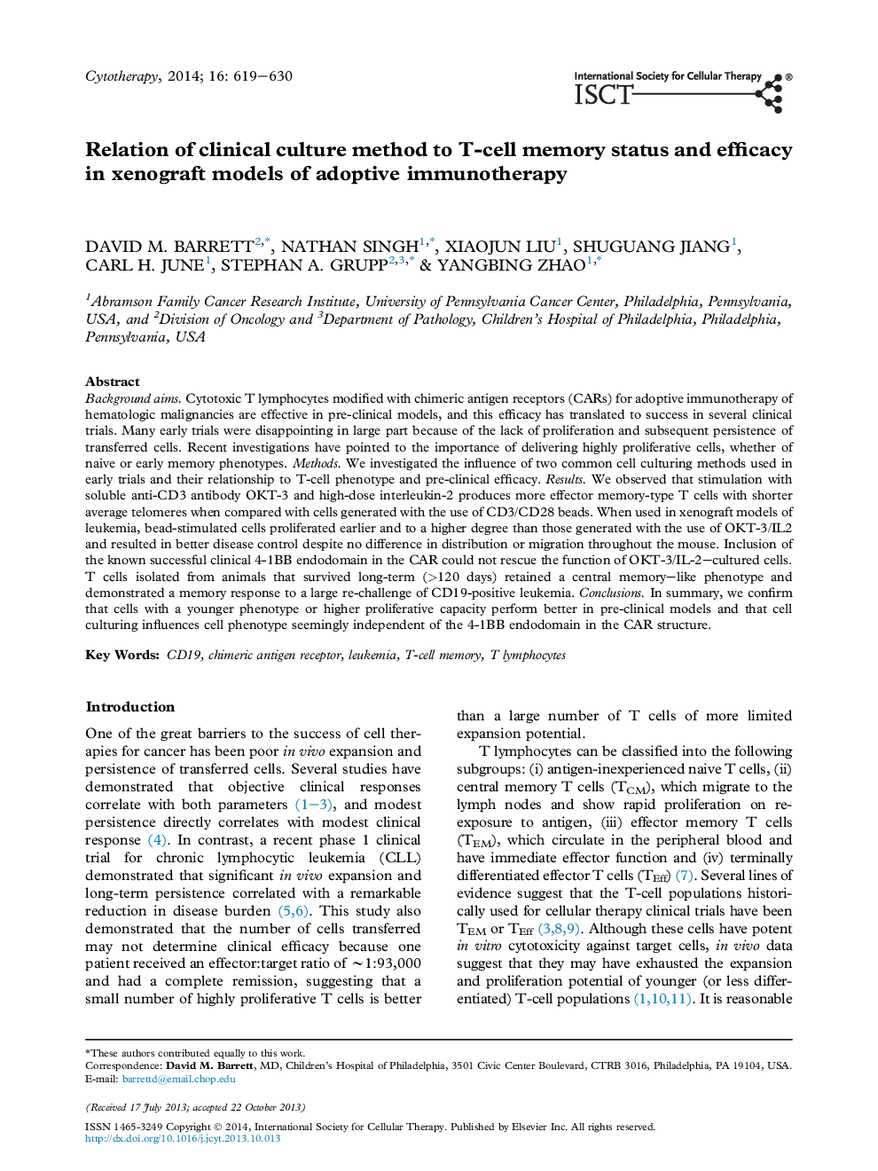 Relation of clinical culture method to T-cell memory status and efficacy in xenograft models of adoptive immunotherapy