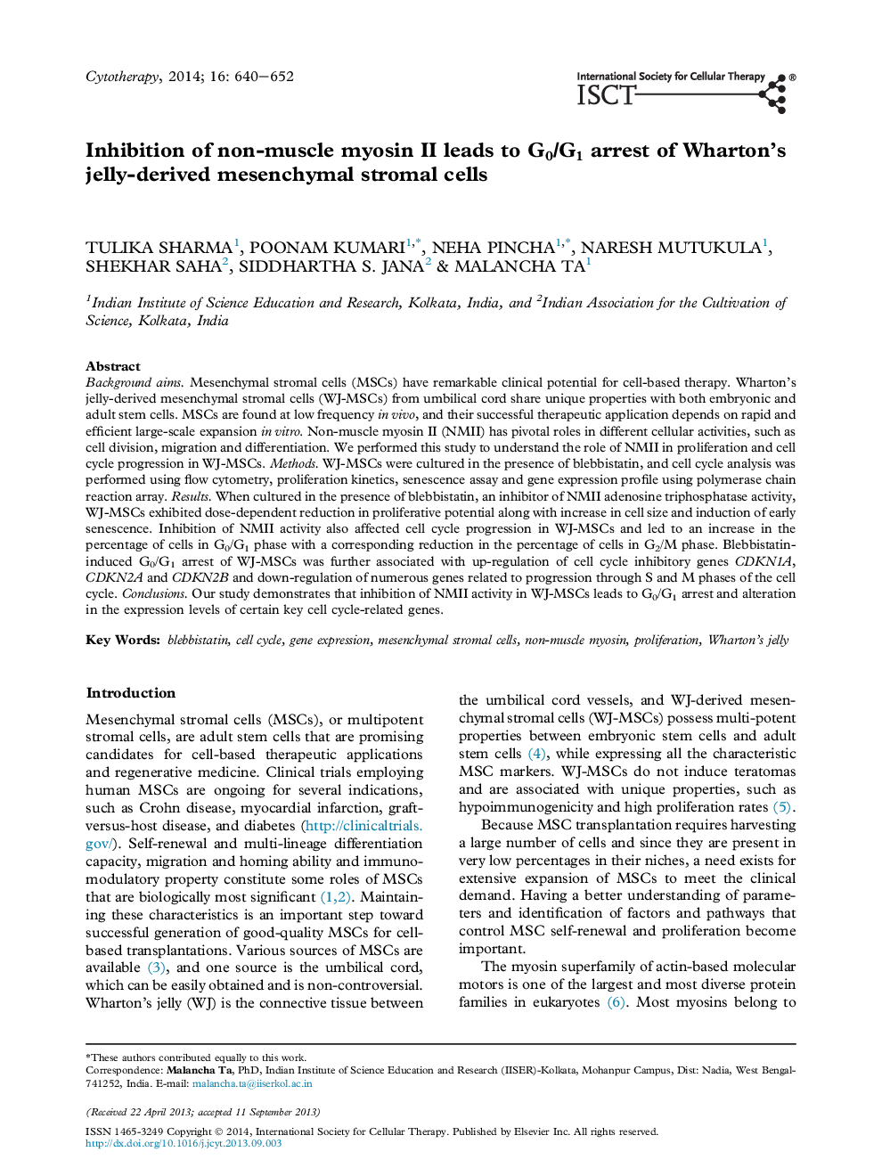 Inhibition of non-muscle myosin II leads to G0/G1 arrest of Wharton's jelly-derived mesenchymal stromal cells