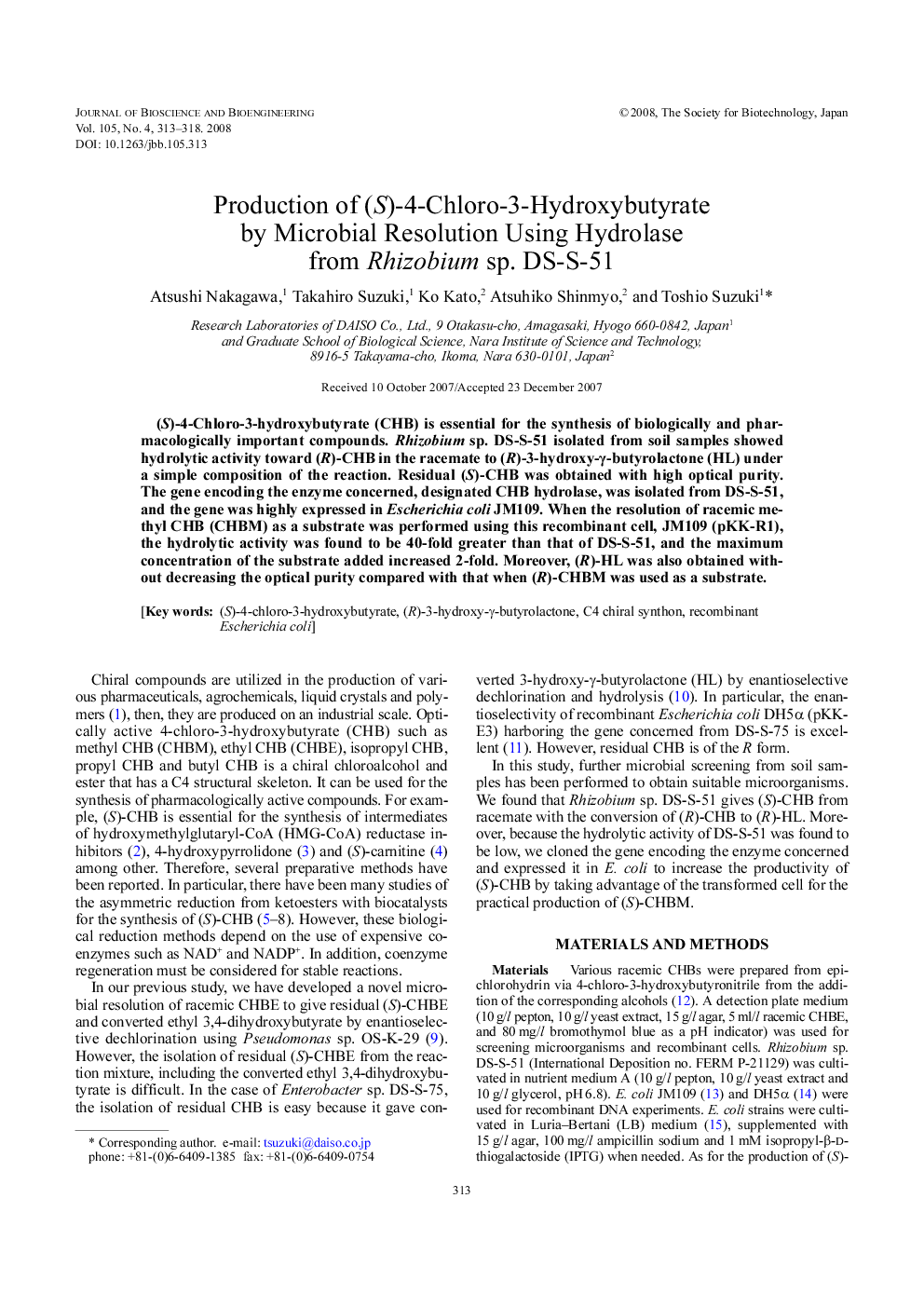 Production of (S)-4-chloro-3-hydroxybutyrate by microbial resolution using hydrolase from Rhizobium sp. DS-S-51