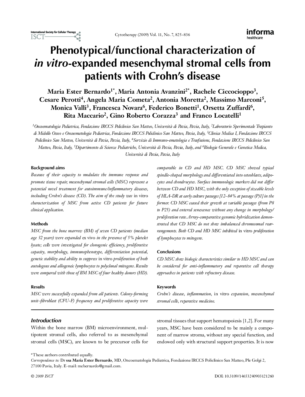 Phenotypical/functional characterization of in vitro-expanded mesenchymal stromal cells from patients with Crohn's disease