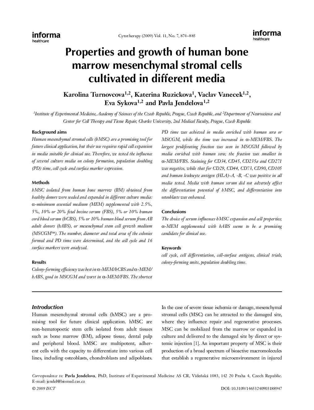 Properties and growth of human bone marrow mesenchymal stromal cells cultivated in different media