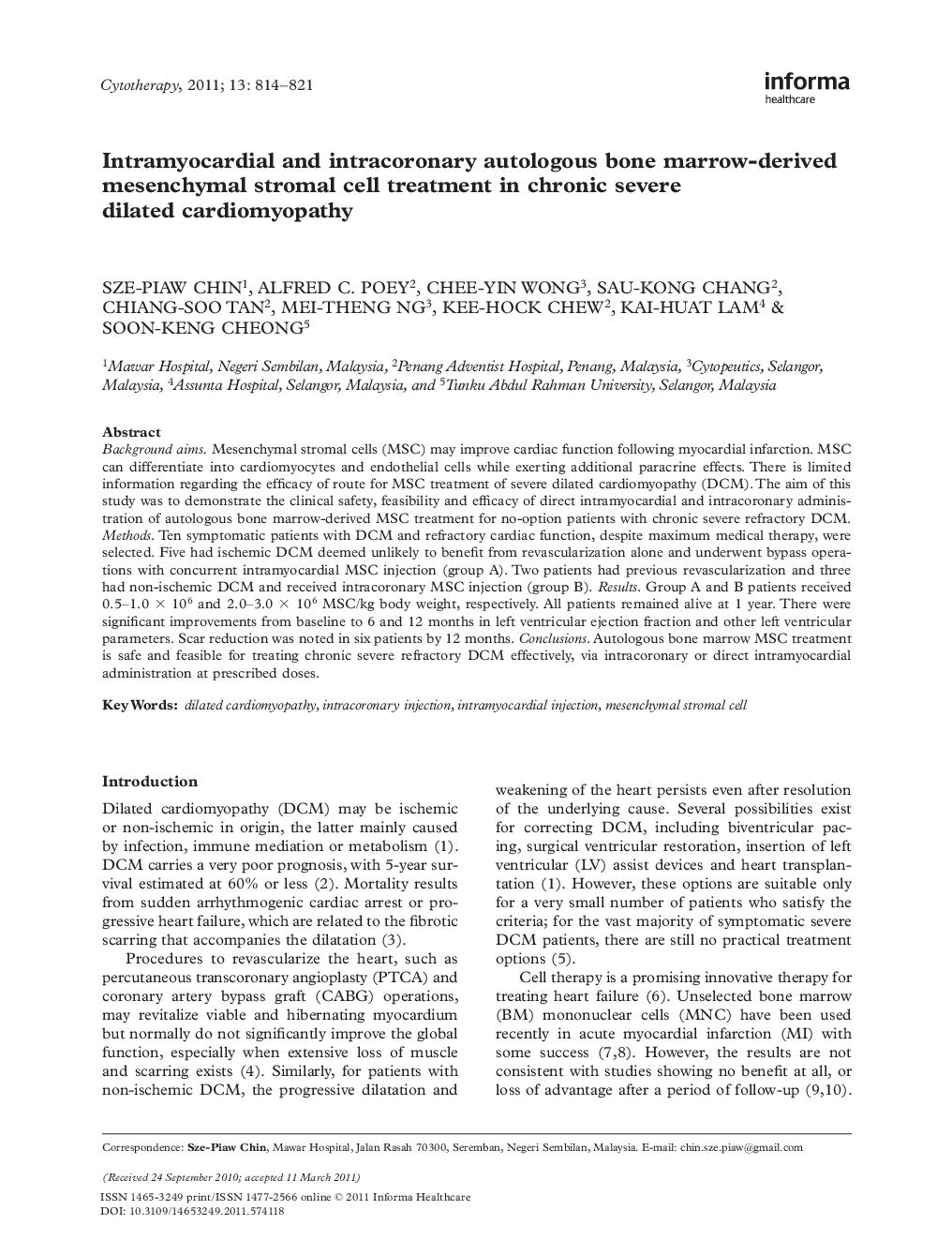 Intramyocardial and intracoronary autologous bone marrow-derived mesenchymal stromal cell treatment in chronic severe dilated cardiomyopathy