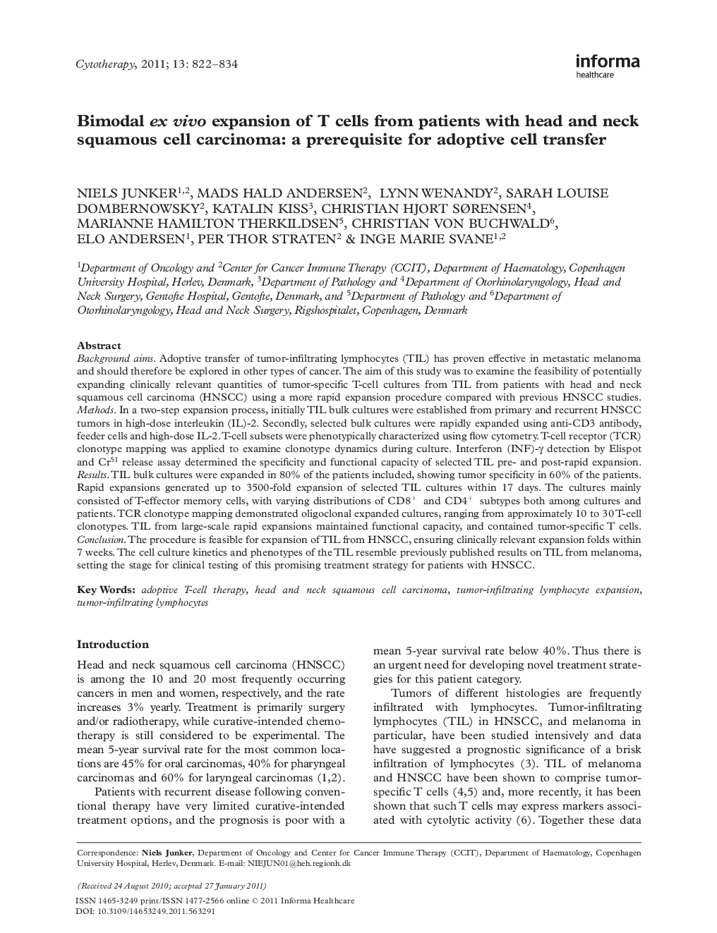 Bimodal ex vivo expansion of T cells from patients with head and neck squamous cell carcinoma: a prerequisite for adoptive cell transfer