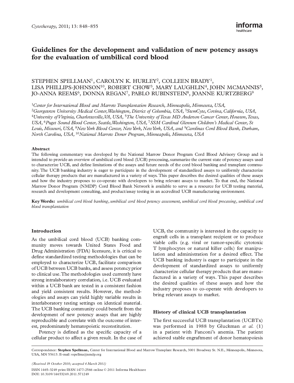 Guidelines for the development and validation of new potency assays for the evaluation of umbilical cord blood