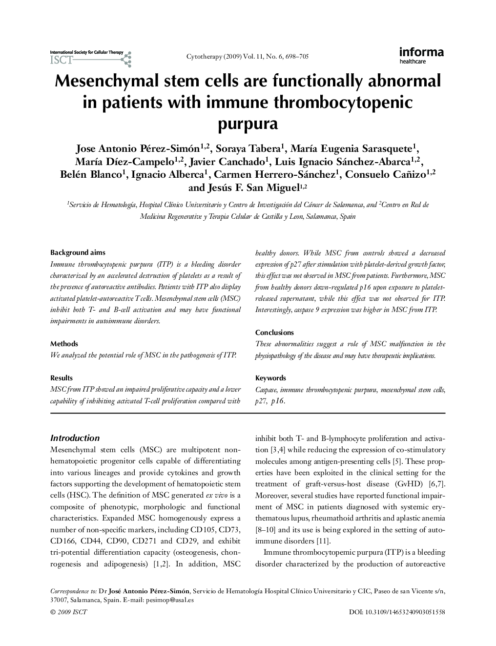 Mesenchymal stem cells are functionally abnormal in patients with immune thrombocytopenic purpura