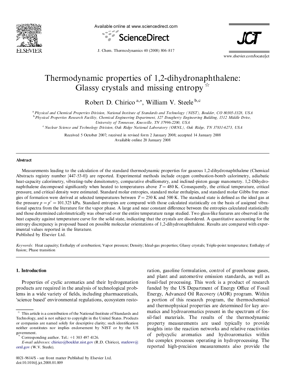 Thermodynamic properties of 1,2-dihydronaphthalene: Glassy crystals and missing entropy 