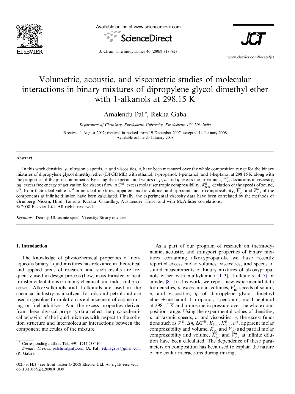 Volumetric, acoustic, and viscometric studies of molecular interactions in binary mixtures of dipropylene glycol dimethyl ether with 1-alkanols at 298.15 K