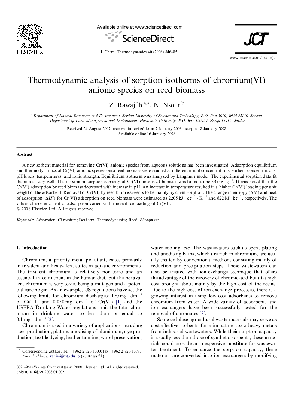 Thermodynamic analysis of sorption isotherms of chromium(VI) anionic species on reed biomass