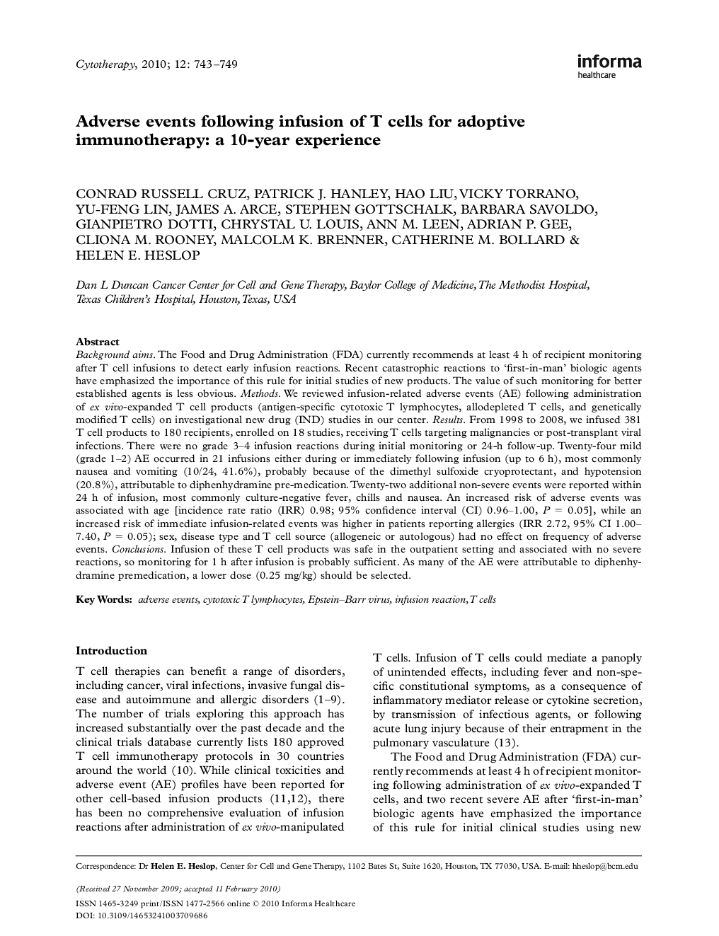 Adverse events following infusion of T cells for adoptive immunotherapy: a 10-year experience