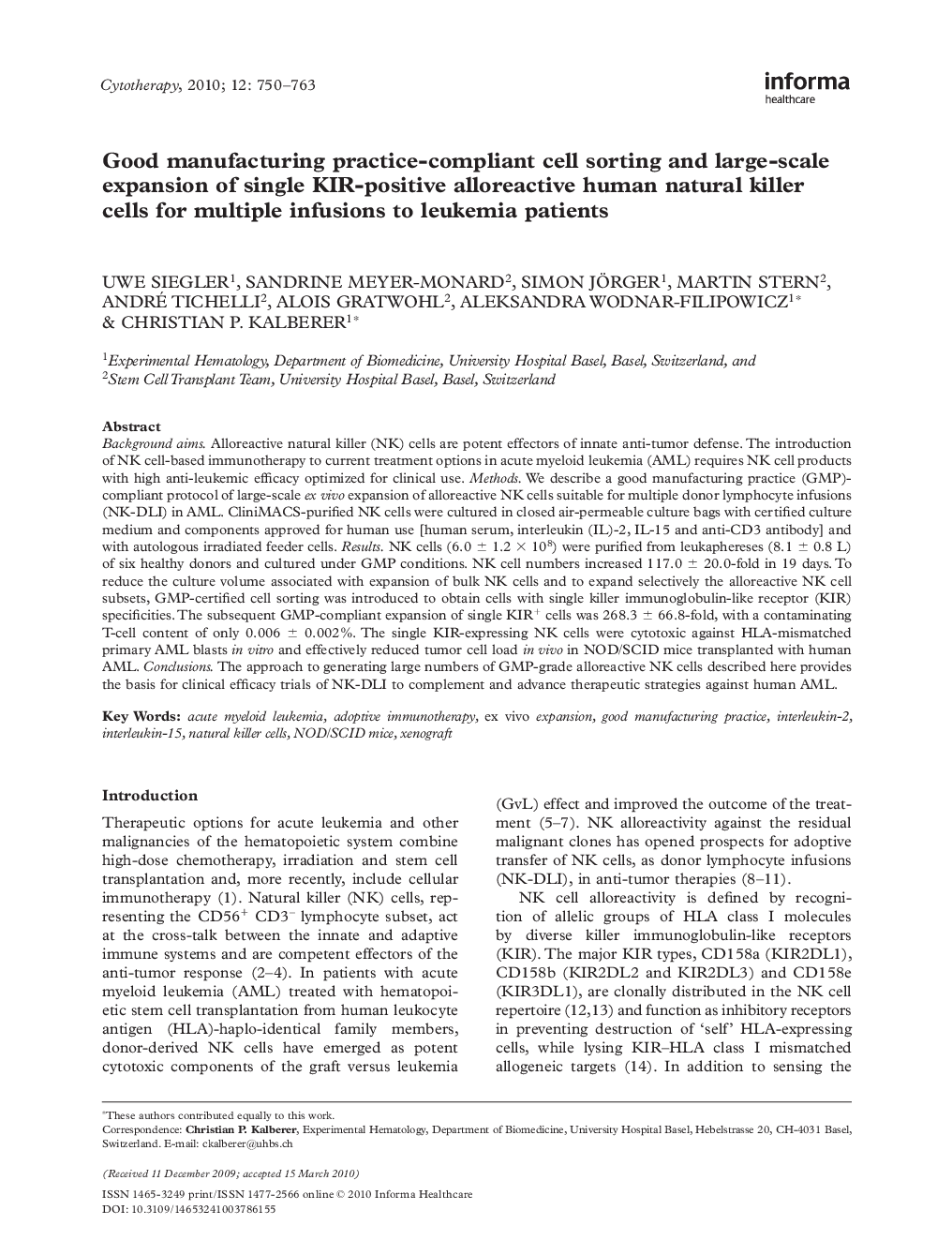 عکس صفحه اول مقاله: Good manufacturing practice-compliant cell sorting and large-scale expansion of single KIR-positive alloreactive human natural killer cells for multiple infusions to leukemia patients Good manufacturing practice-compliant cell sorting and large-scale expansion of single KIR-positive alloreactive human natural killer cells for multiple infusions to leukemia patients