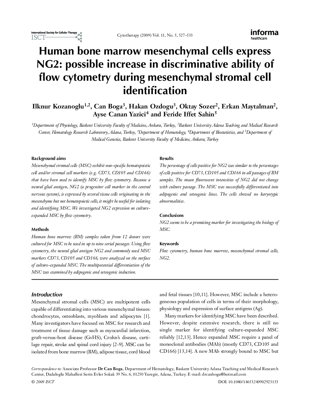 Human bone marrow mesenchymal cells express NG2: possible increase in discriminative ability of flow cytometry during mesenchymal stromal cell identification