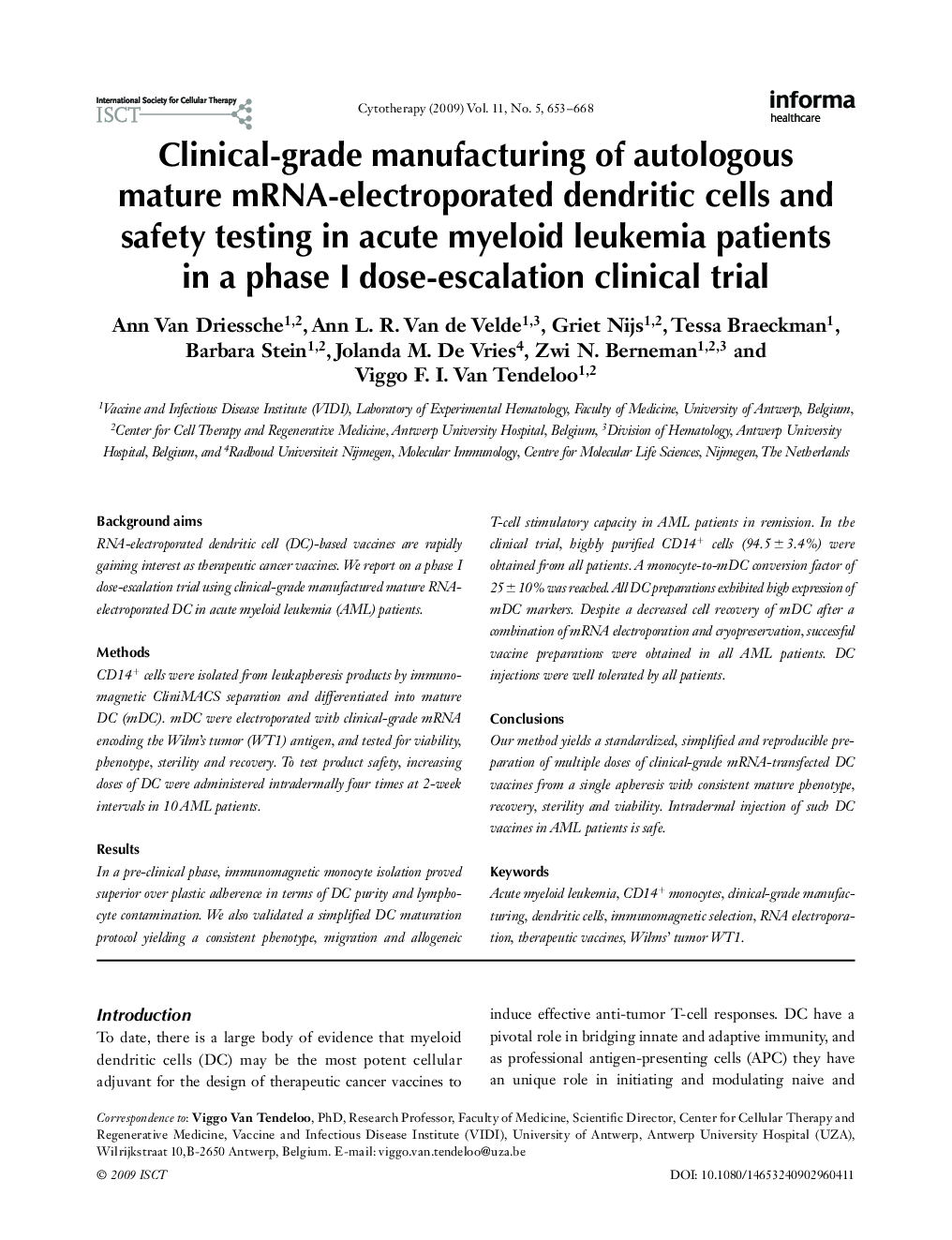 Clinical-grade manufacturing of autologous mature mRNA-electroporated dendritic cells and safety testing in acute myeloid leukemia patients in a phase I dose-escalation clinical trial