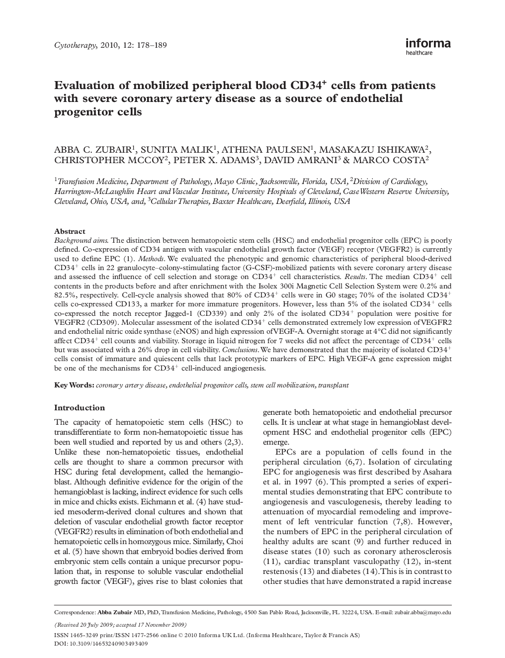 Evaluation of mobilized peripheral blood CD34+ cells from patients with severe coronary artery disease as a source of endothelial progenitor cells