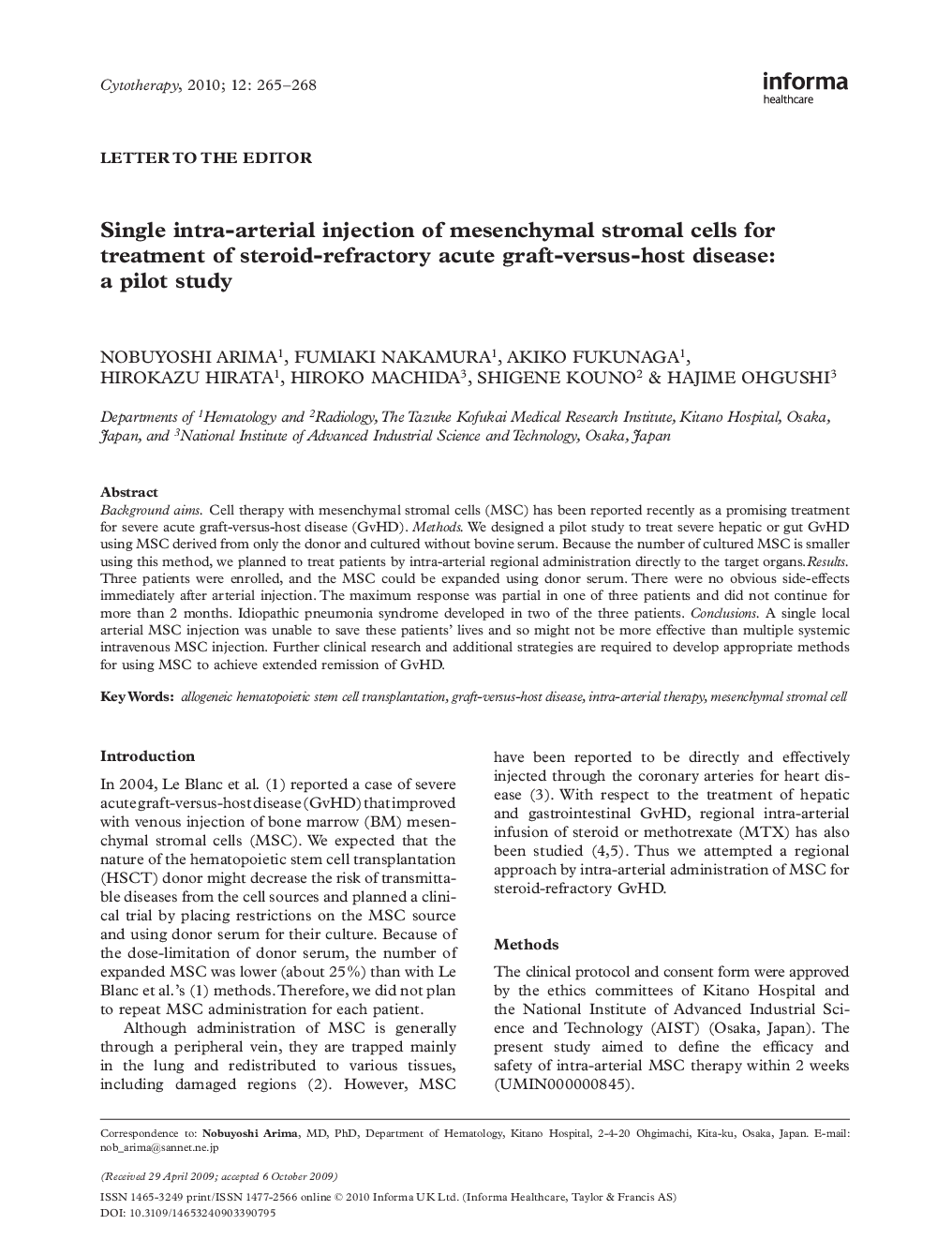 Single intra-arterial injection of mesenchymal stromal cells for treatment of steroid-refractory acute graft-versus-host disease: a pilot study