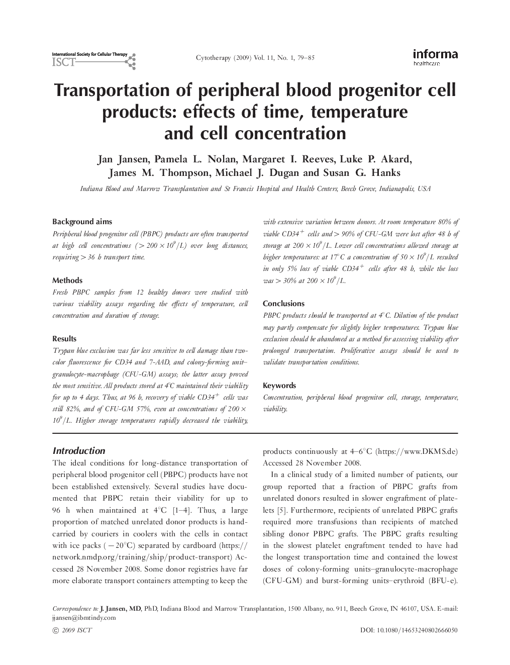 Transportation of peripheral blood progenitor cell products: effects of time, temperature and cell concentration