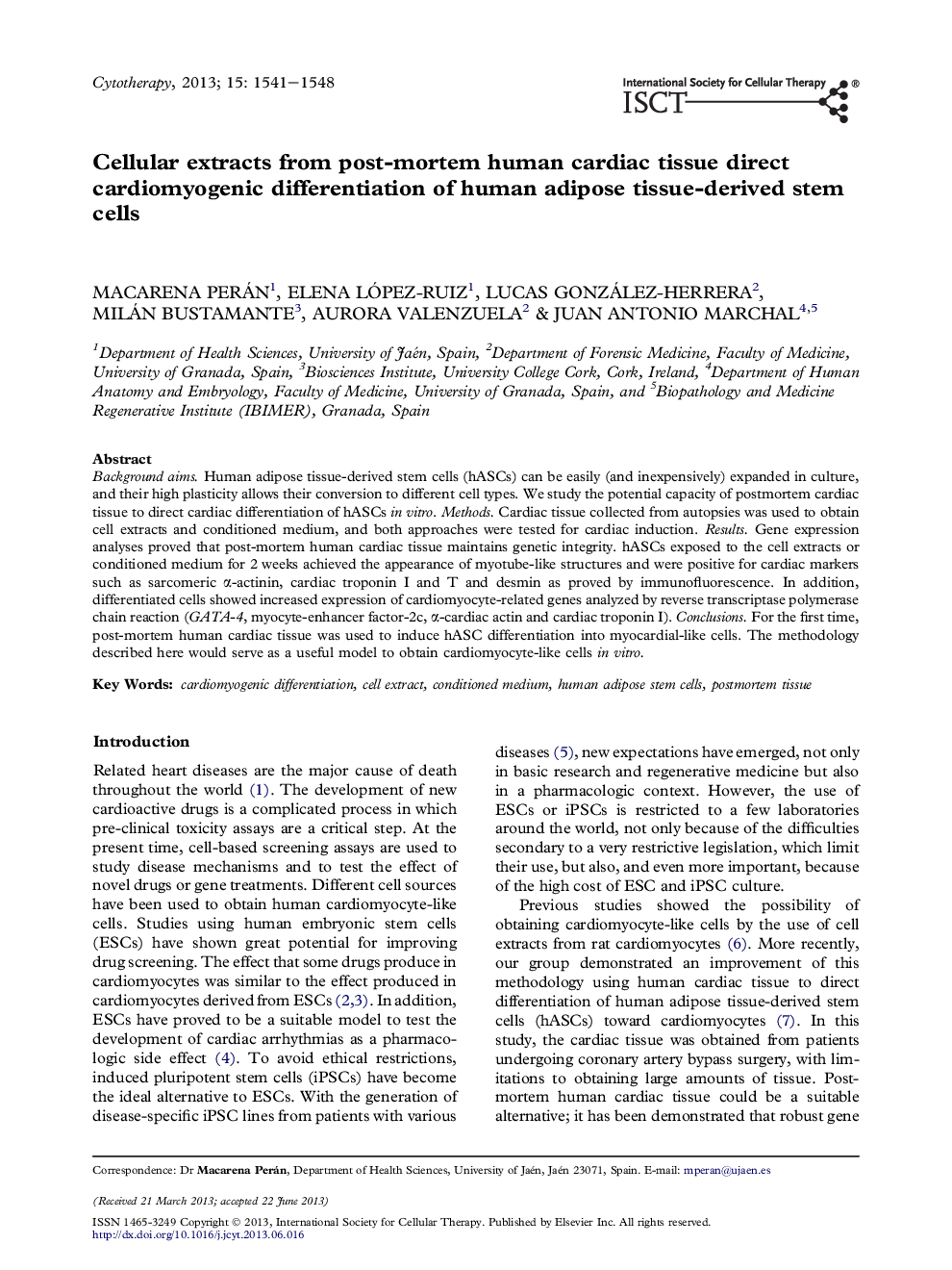 Cellular extracts from post-mortem human cardiac tissue direct cardiomyogenic differentiation of human adipose tissue-derived stem cells