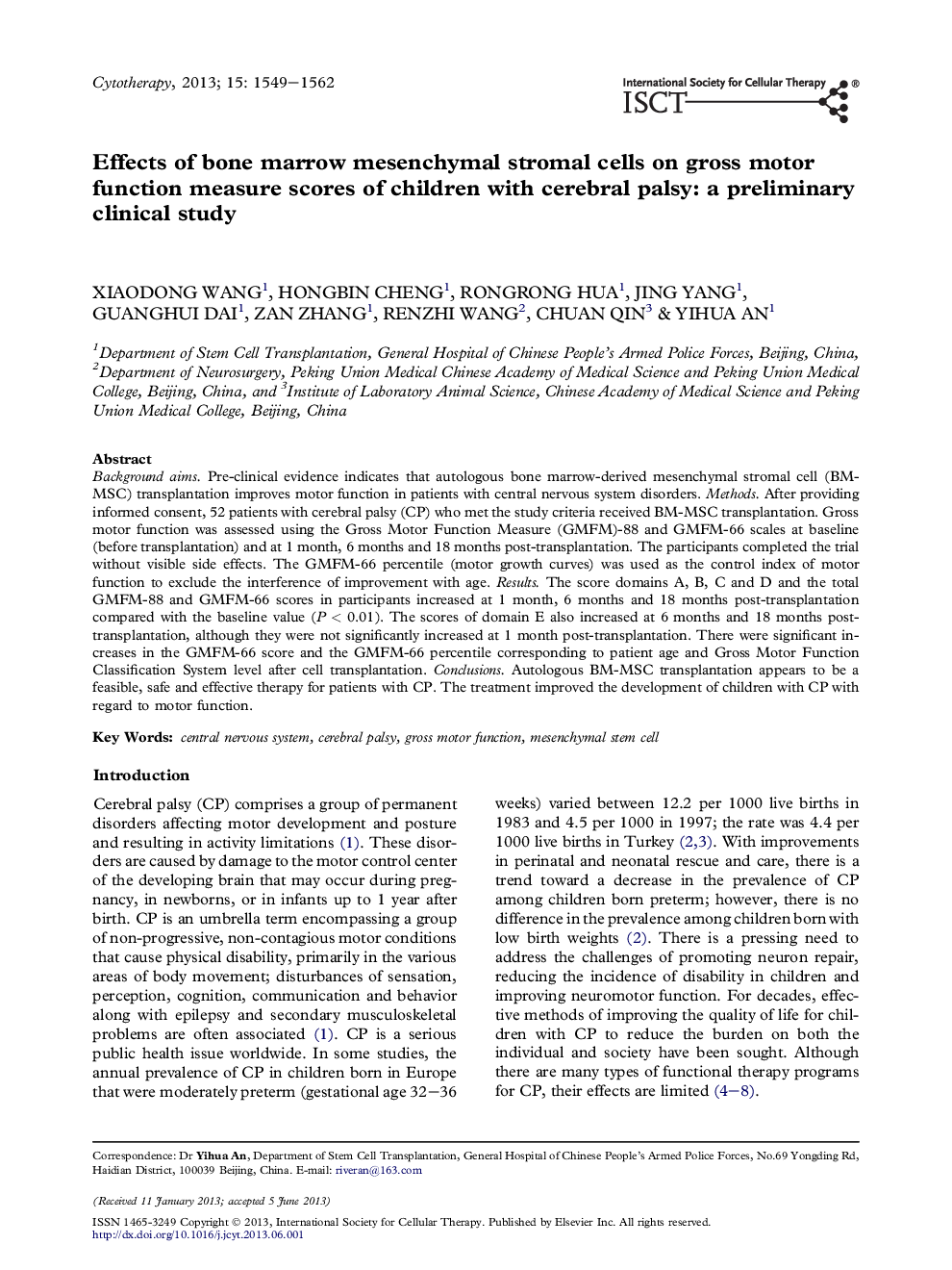 Effects of bone marrow mesenchymal stromal cells on gross motor function measure scores of children with cerebral palsy: a preliminary clinical study