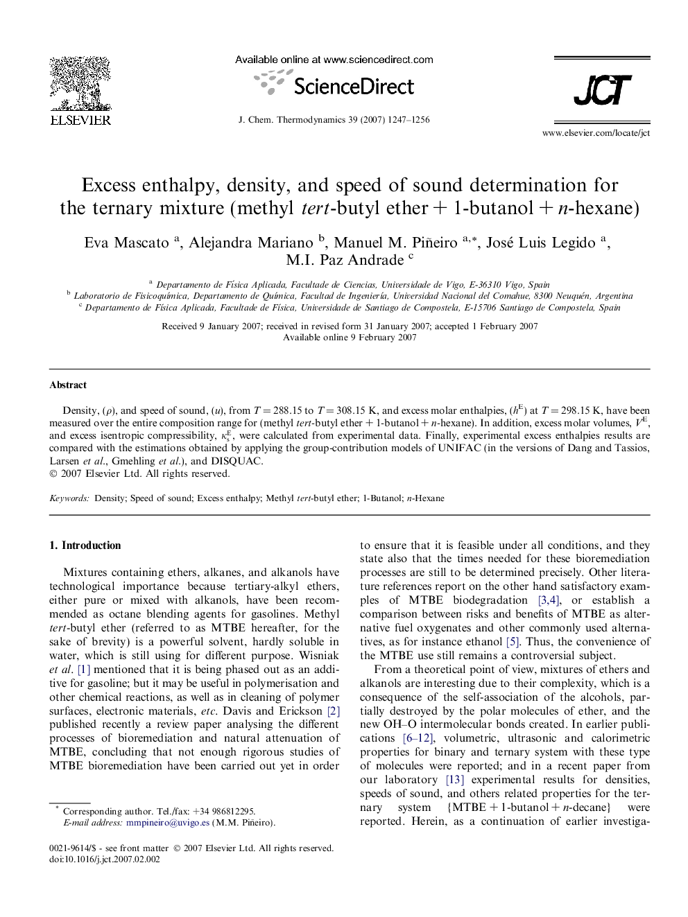 Excess enthalpy, density, and speed of sound determination for the ternary mixture (methyl tert-butyl ether + 1-butanol + n-hexane)