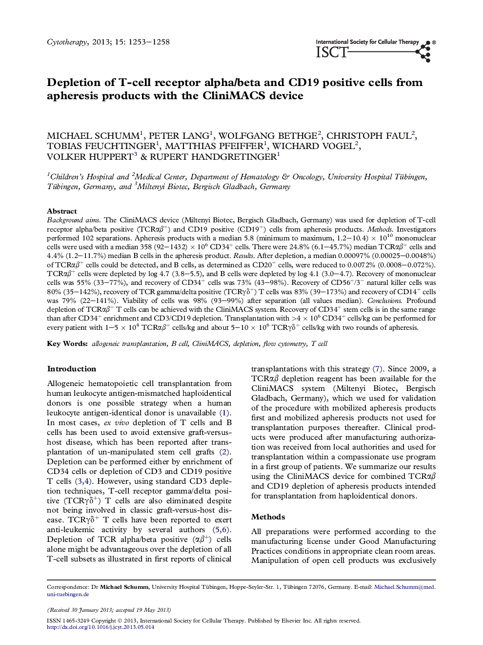 Depletion of T-cell receptor alpha/beta and CD19 positive cells from apheresis products with the CliniMACS device