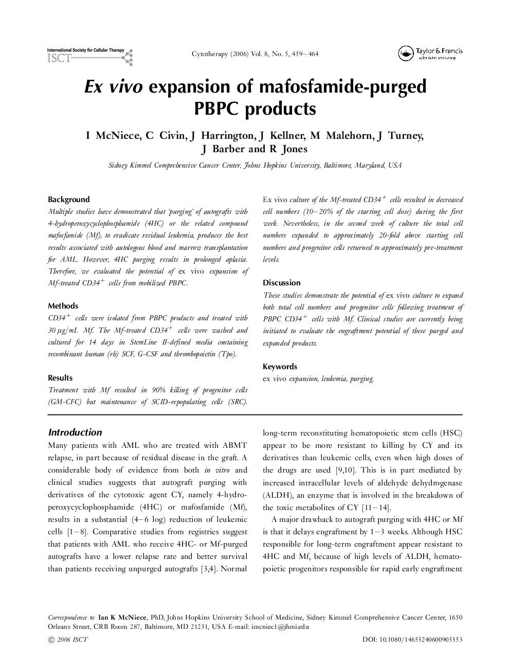 عکس صفحه اول مقاله: Ex vivo expansion of mafosfamide-purged PBPC products Ex vivo expansion of mafosfamide-purged PBPC products
