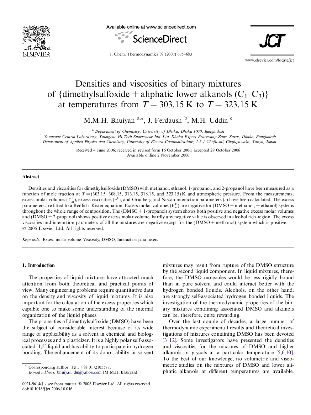 Densities and viscosities of binary mixtures of {dimethylsulfoxide + aliphatic lower alkanols (C1–C3)} at temperatures from T = 303.15 K to T = 323.15 K