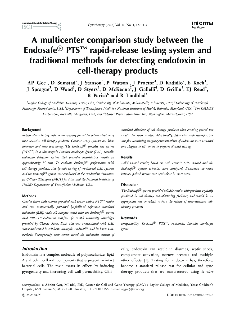 A multicenter comparison study between the Endosafe® PTS™ rapid-release testing system and traditional methods for detecting endotoxin in cell-therapy products