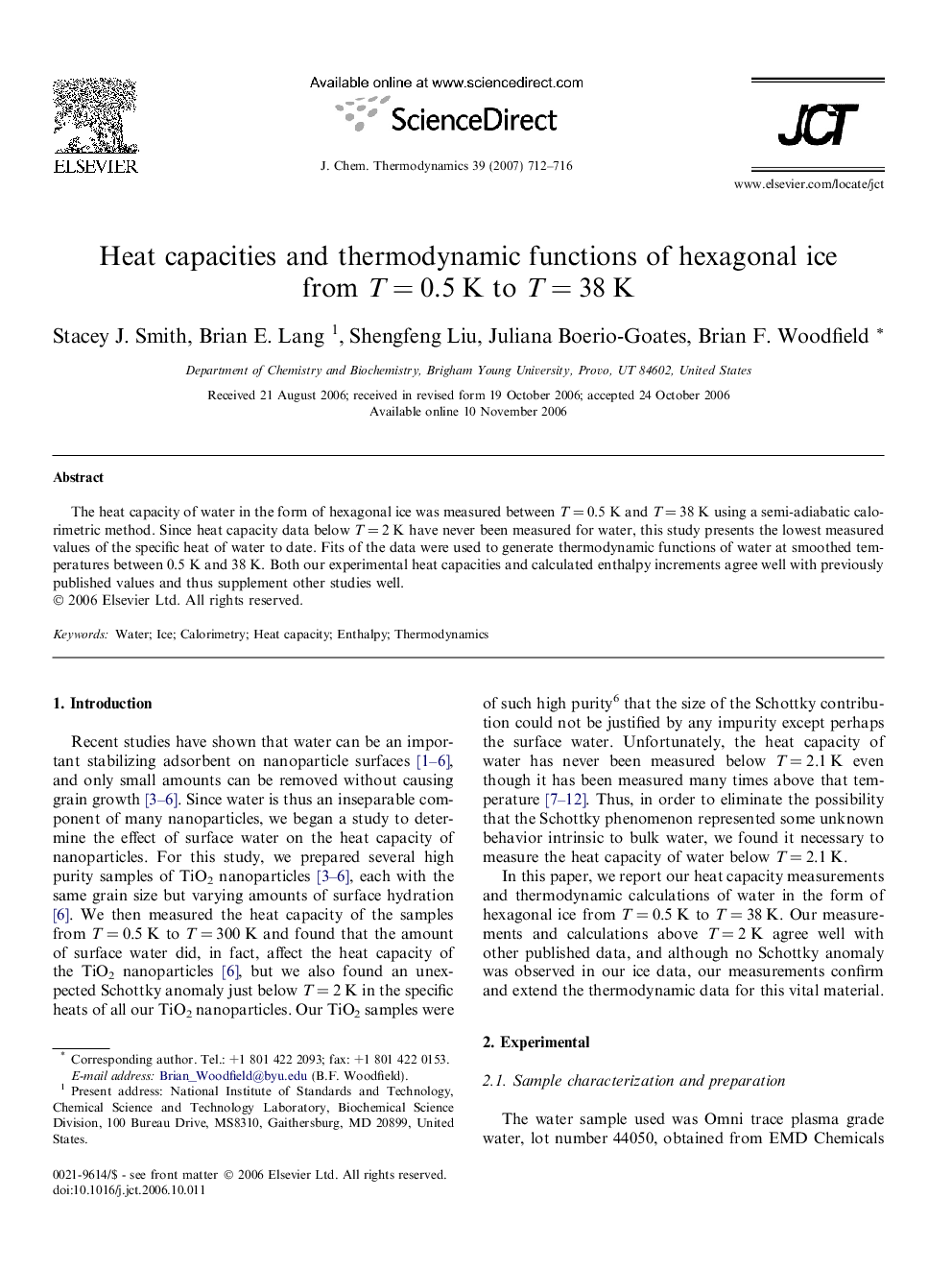 Heat capacities and thermodynamic functions of hexagonal ice from T = 0.5 K to T = 38 K