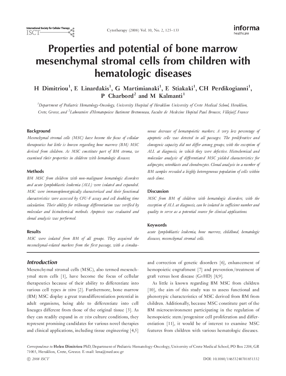 Properties and potential of bone marrow mesenchymal stromal cells from children with hematologic diseases