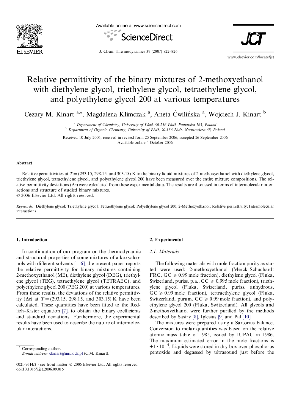 Relative permittivity of the binary mixtures of 2-methoxyethanol with diethylene glycol, triethylene glycol, tetraethylene glycol, and polyethylene glycol 200 at various temperatures