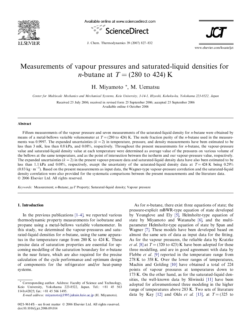 Measurements of vapour pressures and saturated-liquid densities for n-butane at T = (280 to 424) K