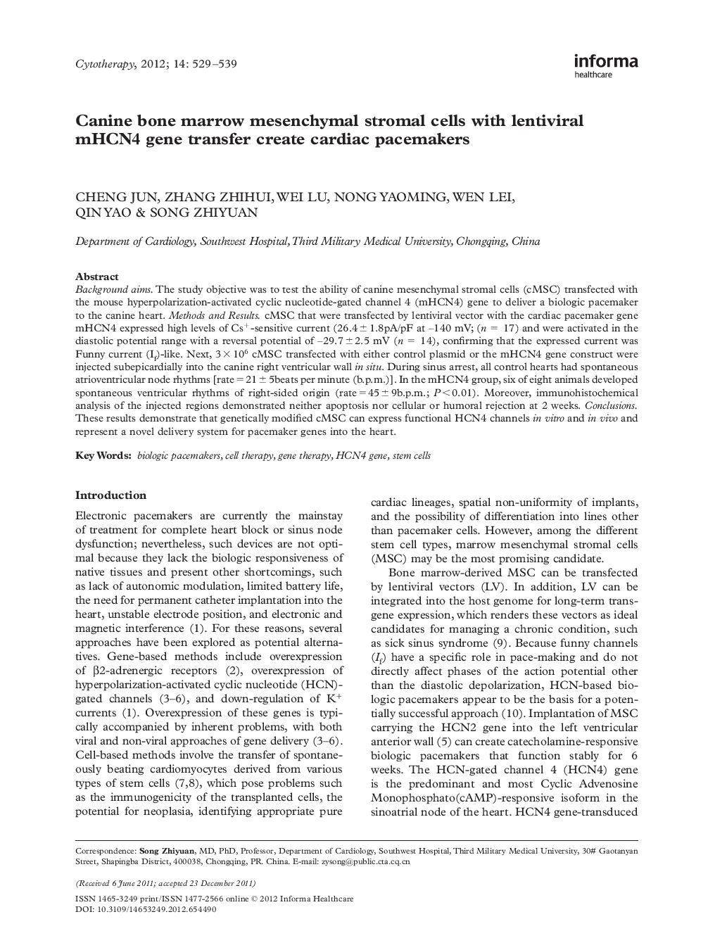 Canine bone marrow mesenchymal stromal cells with lentiviral mHCN4 gene transfer create cardiac pacemakers