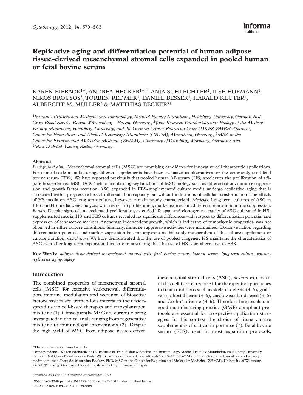 Replicative aging and differentiation potential of human adipose tissue-derived mesenchymal stromal cells expanded in pooled human or fetal bovine serum