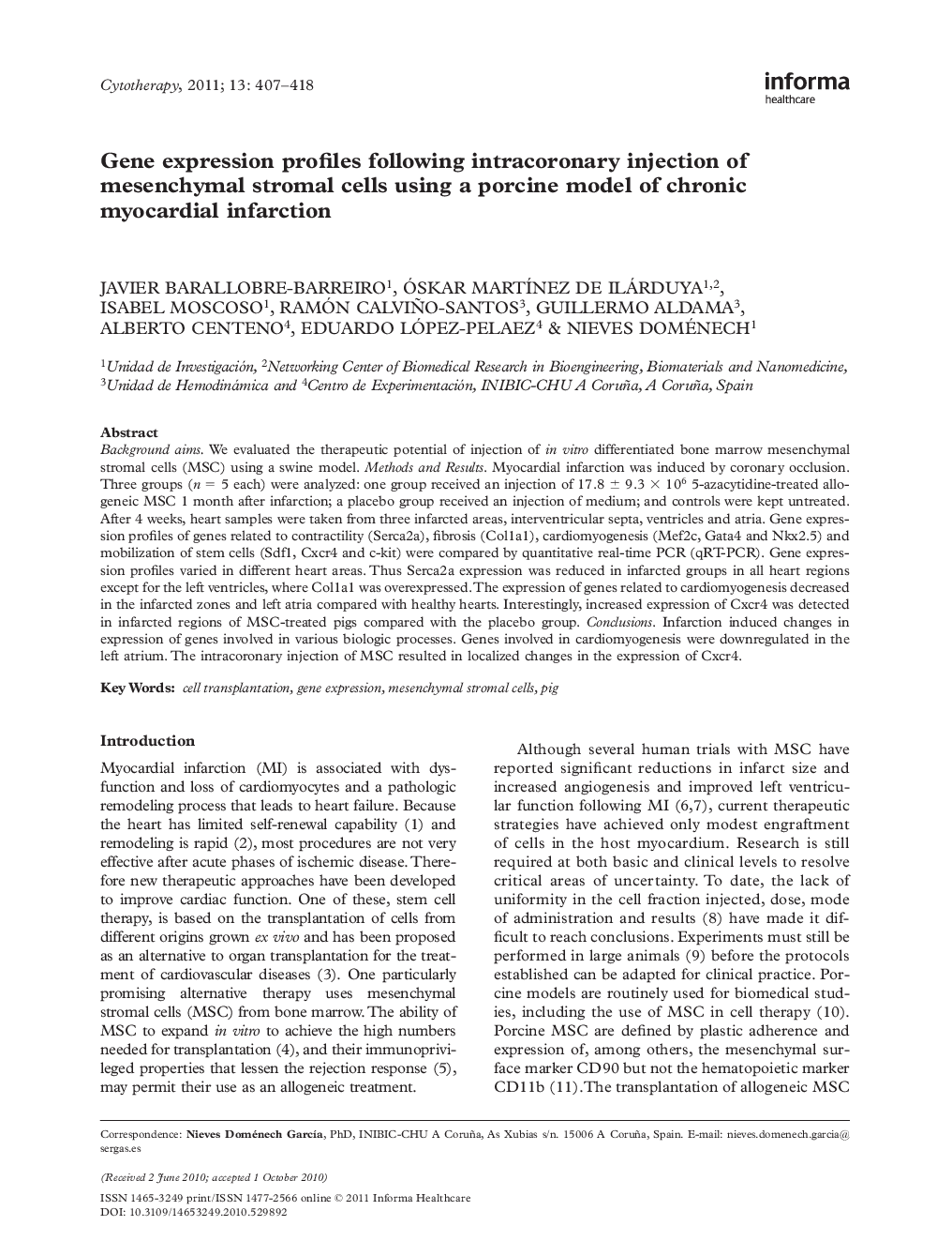 Gene expression profiles following intracoronary injection of mesenchymal stromal cells using a porcine model of chronic myocardial infarction