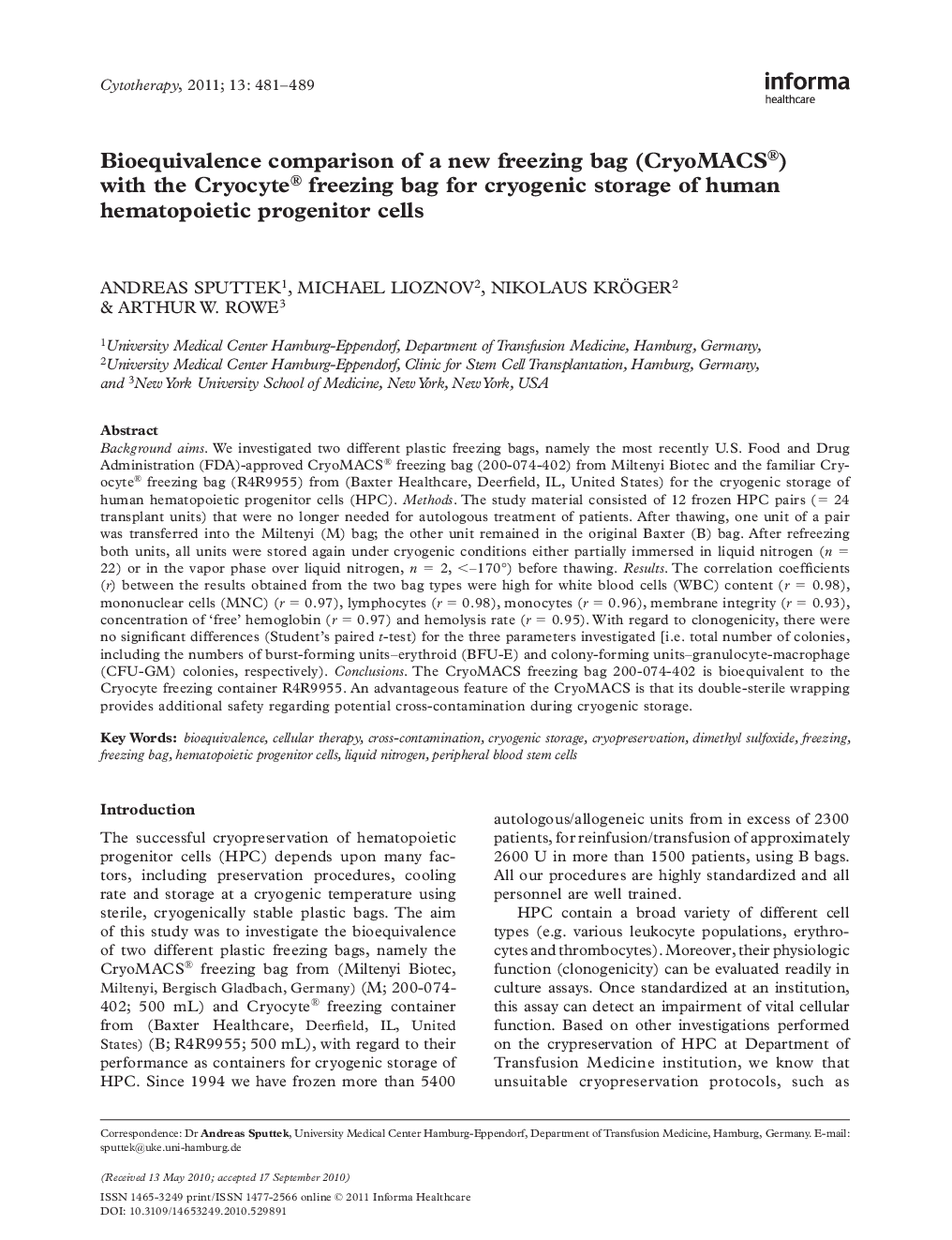 Bioequivalence comparison of a new freezing bag (CryoMACS®) with the Cryocyte® freezing bag for cryogenic storage of human hematopoietic progenitor cells