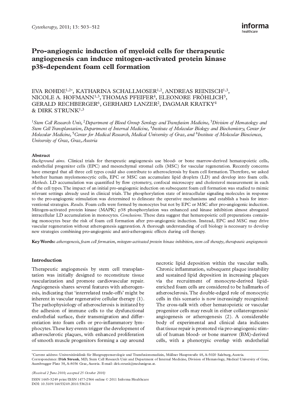 Pro-angiogenic induction of myeloid cells for therapeutic angiogenesis can induce mitogen-activated protein kinase p38-dependent foam cell formation